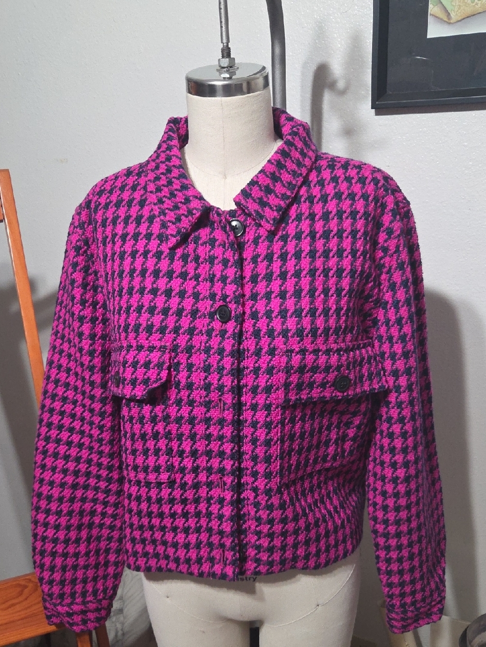 Women’s Pink & Black Houndstooth Button-Front Bomber Jacket, Fully Lined.
